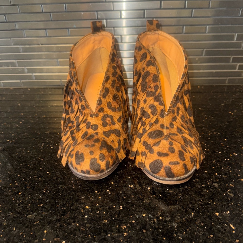 Leopard Print Fringe Ankle Booties in Brown and Black - Picture 2 of 5
